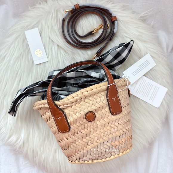 NWT Tory Burch Ella Straw Basket Micro Tote Bag Natural Classic Cuoio 82156 - Picture 2 of 12